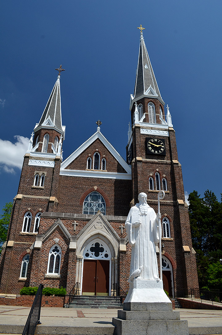 Historic Belmont church with twin spires