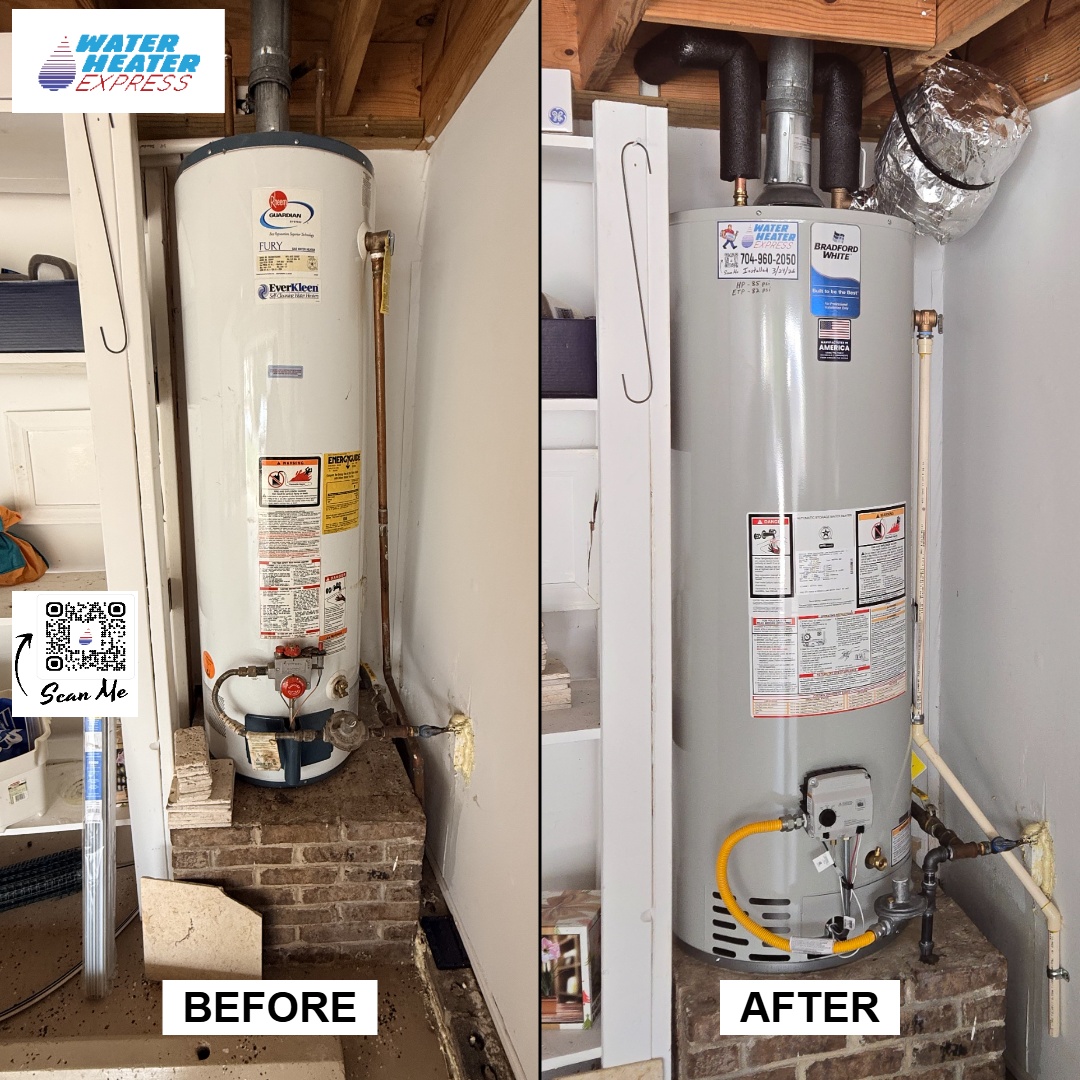 Before and after tank water heater replacement in Cornelius, NC