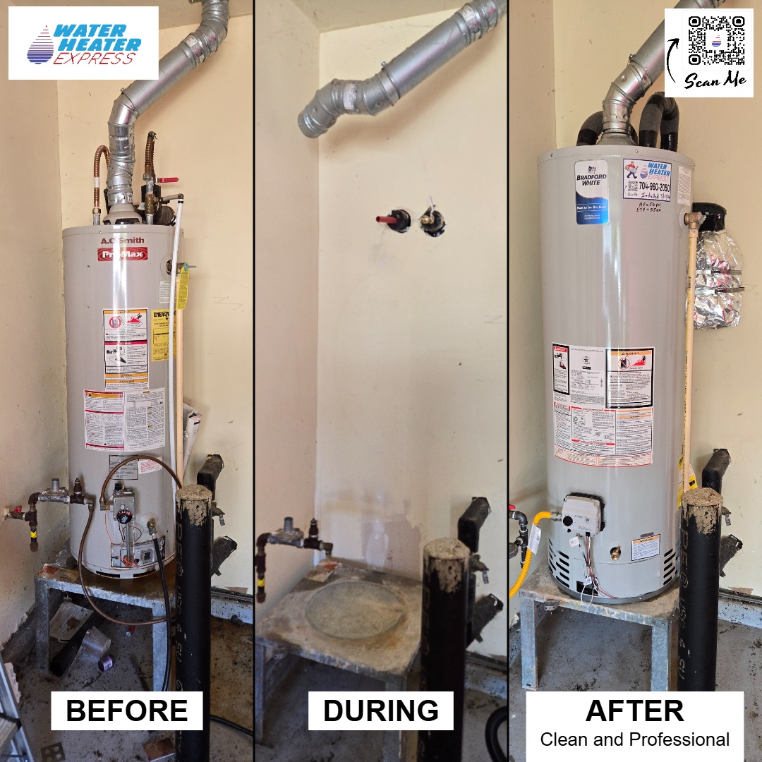 Before and after tank water heater replacement in Indian Trail, NC