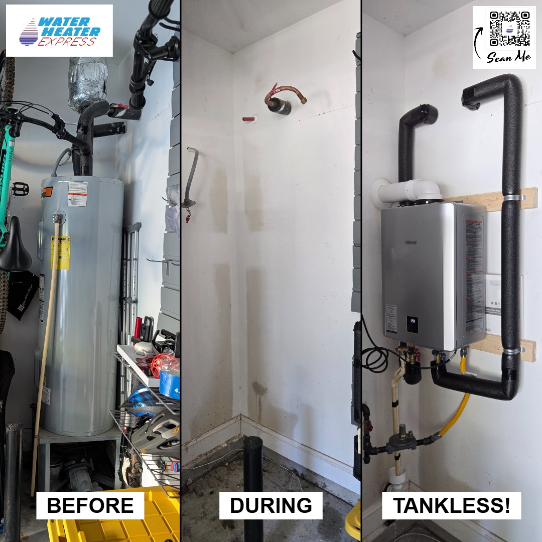 Before and after tankless water heater installation in Mint Hill, NC